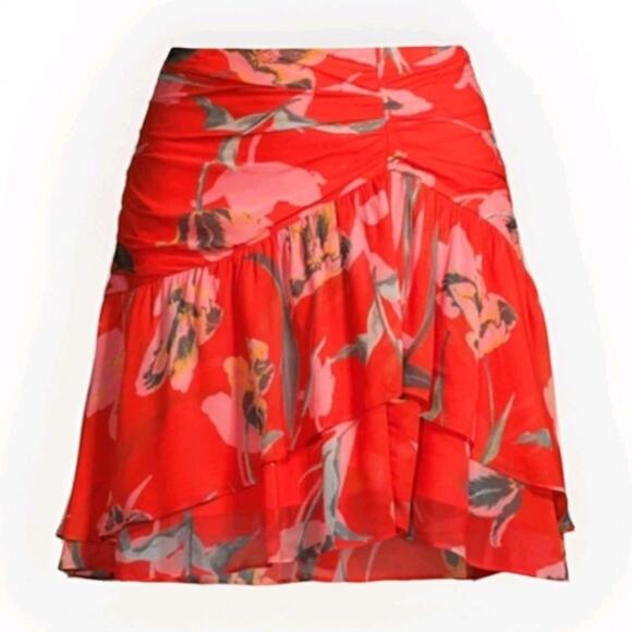 Milly x Revolve Mira Womens Mini Skirt Floating Botanica Coral Floral Ruffle 4 - Picture 1 of 14